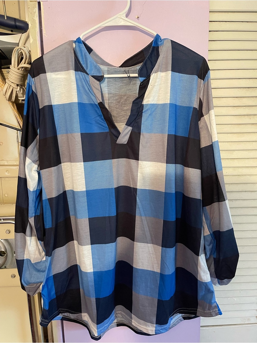 Womens Blue Plaid V-Neck Tunic Top